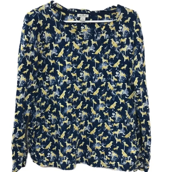 Sundance Dark Teal/Yellow Dog Print Knit Top Long Sleeve - Picture 1 of 6